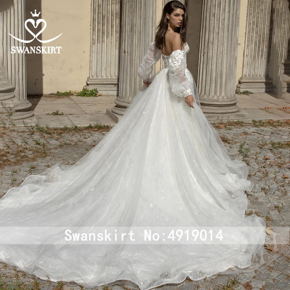 Vestido de Noiva, свадебное платье с цветочной аппликацией,, Лебединая Юбка со съемным рукавом, ТРАПЕЦИЕВИДНОЕ кружевное платье для невесты DY03