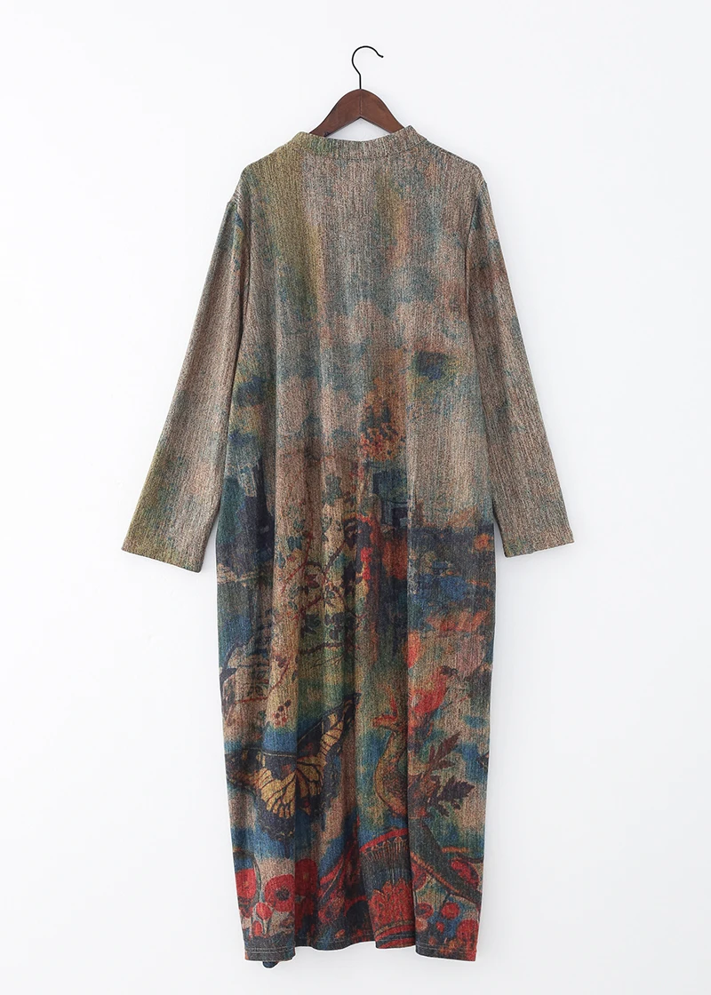 New Autumn Maxi Dresses for Women Vintage Loose Long Sleeve Dress Women Knitting RetroRabbit Hair Printed Robe Winter Vestidos