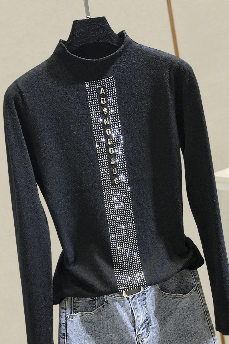 sweater neck High female hot drilling letters autumn and winter new slim diamond-encrusted sweater