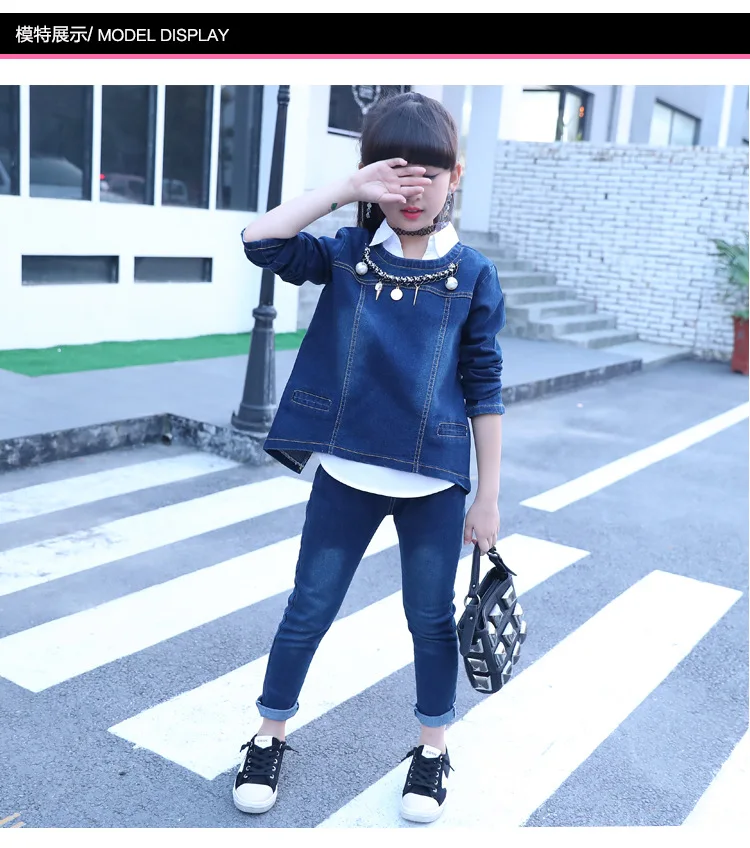 Children Clothing Suits 3pcs sets Jacket+ Pant+T-shirt Teens Girls Cowboy Long-Sleeve Design Sets Kids Girls Cloth Sets