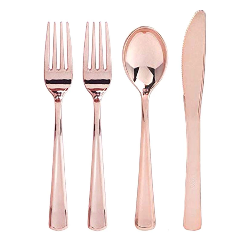 Plastic Cutlery Disposable Flatware 200 Piece Plastic Silverware Set Rose Gold Cutlery Disposable Flatware 100x Forks 50x Spoons