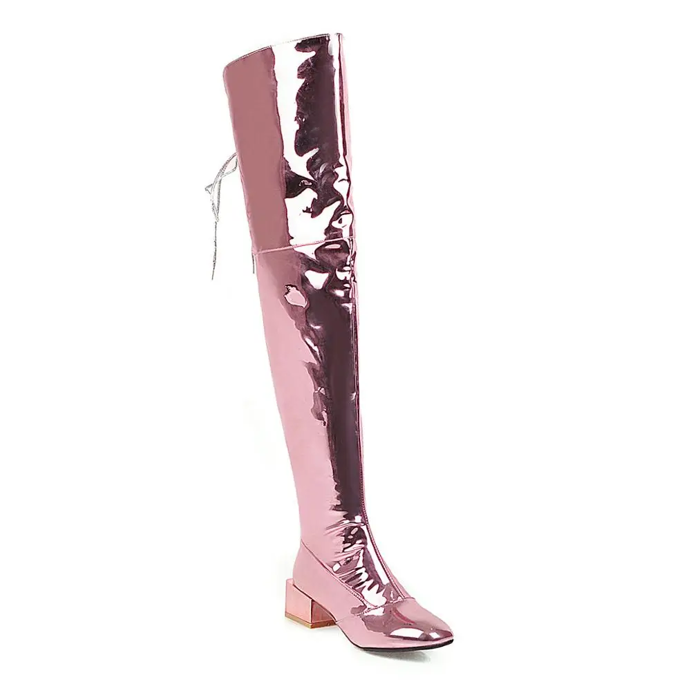 pink boots T-stage/Обувь для подиума высокие сапоги до бедра блестящие сапоги выше колена из искусственной кожи с зеркальным покрытием женские осенне-зимние сапоги для вечеринок ночной клуб 33-48 - Цвет: pink boots