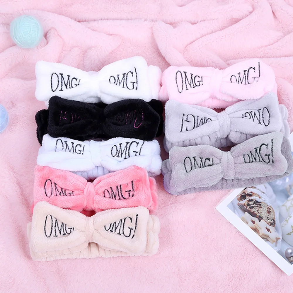 Women Girls SPA Wide Headband Cute Bowknot OMG Letters Embroidered Hairband Elastic Makeup Flannel Turban Candy Color Headwrap 8