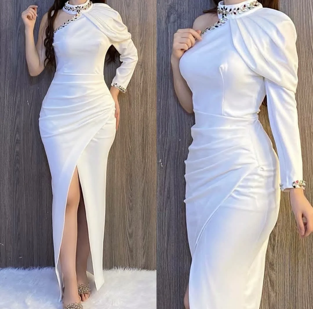 

Elegant Mermaid One Shoulder Pleated Evening Dresses with Slit Long Zipper Back Beaded Abendkleider Robes de Soirée for Women