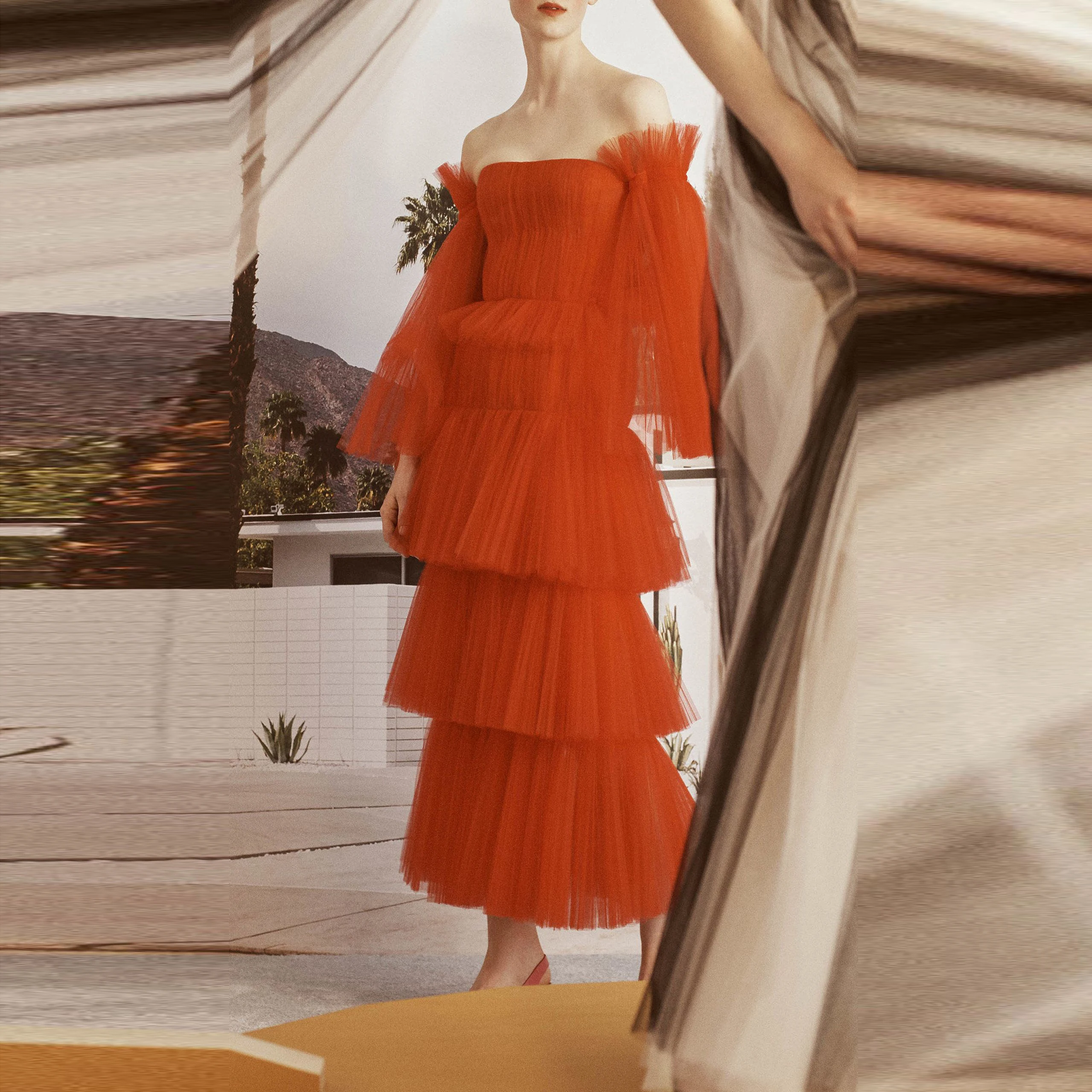 

Retro Tulle Dresses Off The Shoulder Long Sleeve Ruffled Tulle Dress Women Prom Evening Party Plus Size Sexy Tulle Dressing Gown
