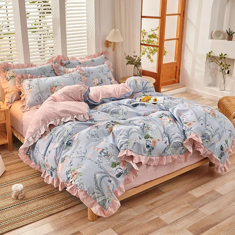 Peony Floral Girls Duvet Cover Set Soft Cotton Brushed Farmhouse Chic Blossom Ruffle 3/4Pcs Bedding set Fitted sheet Pillowcase