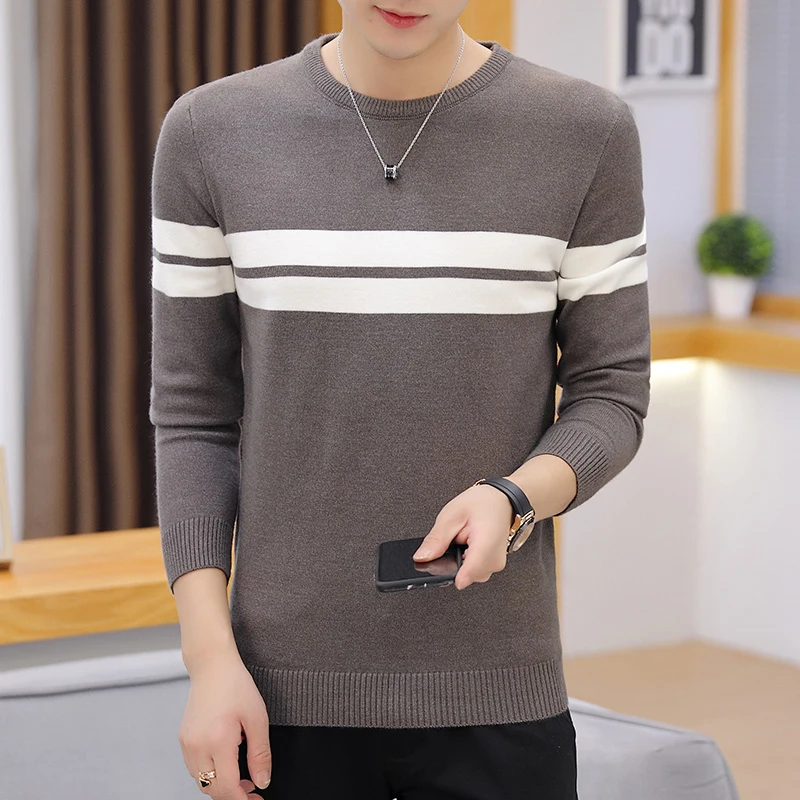 2019 autumn and winter men's round neck sweater Men's warm bottoming sweater men's casual striped soft and comfortable sweater