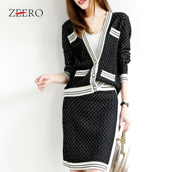 

Autumn Winter Black Knitted 2 Piece Set Women Grid Pattern Cardigan Cropped Top Jacket + Mini Skirt Set Outfits Sweater Set