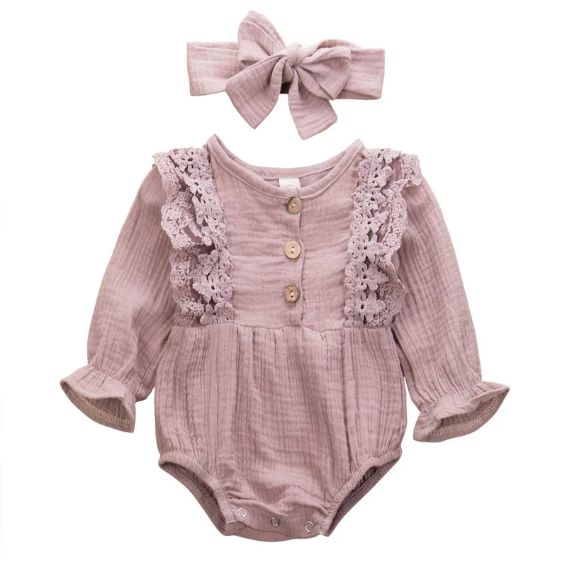 Комбинезон для новорожденных девочек; Однотонный комбинезон принцессы с длинными рукавами и кружевными цветами; Детский комбинезон с повязкой-бантом; Одежда для младенцев - Цвет: Фиолетовый