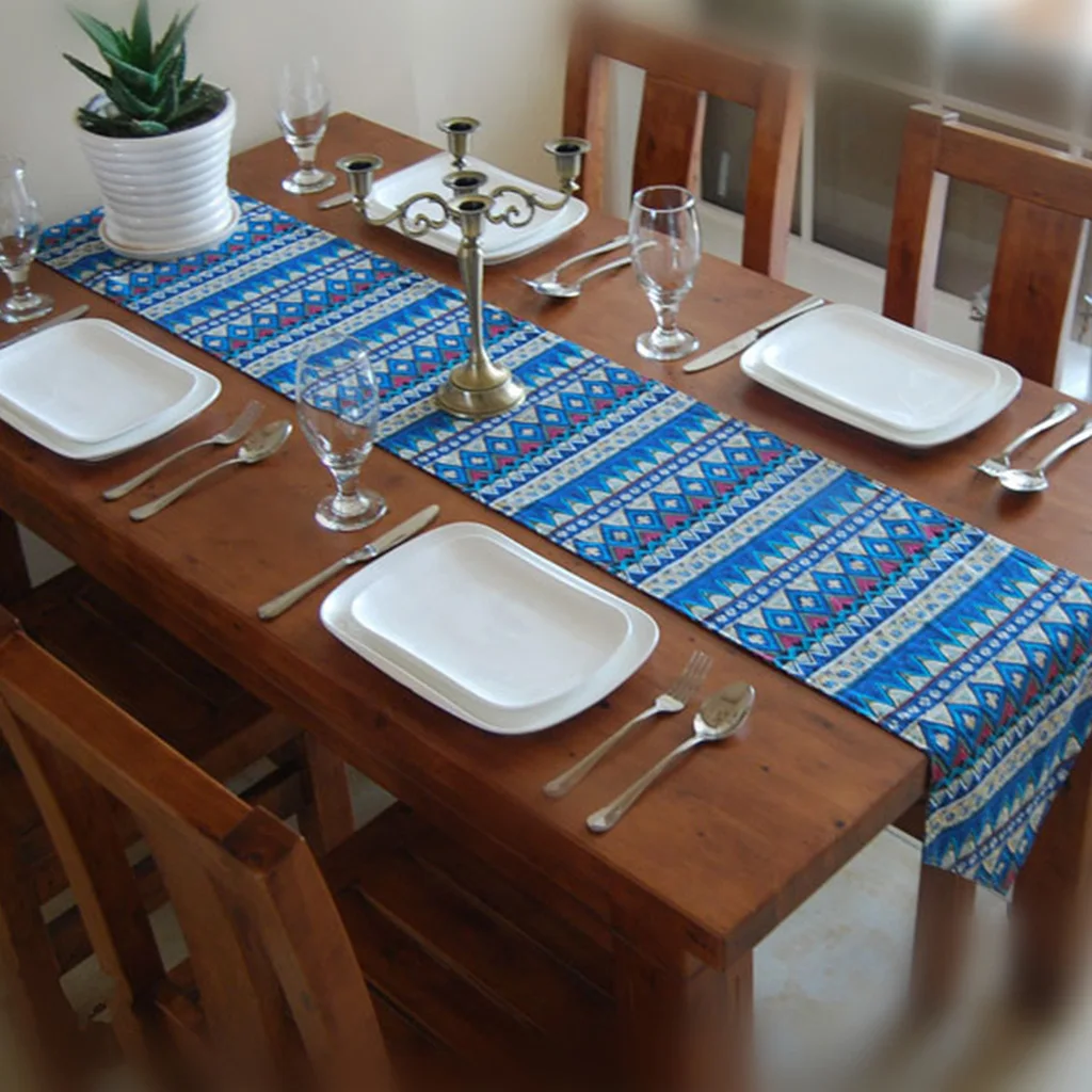 Southeast Asia Style Mixed Geometric Stripes Table Runner Flag Bohemian Cotton Washable Tablecloth with Tassels Dresser Scarf