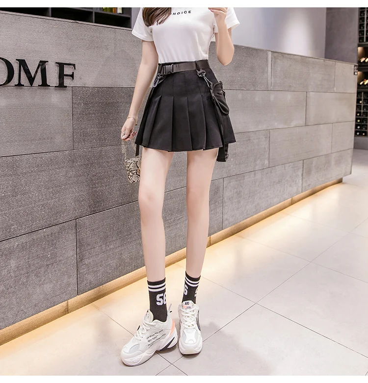 Women Skirts Sexy Gothic Harajuku Short Skirts Casual Black White Grey Sashes Fashion Pleated Skirts Punk Mini Skirt Vintage