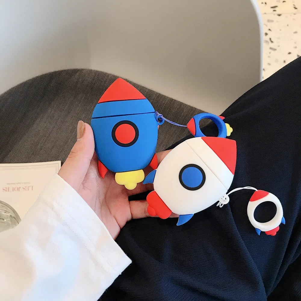 Чехол для наушников с 3D рисунком ракеты для Apple AirPods 1 2, bluetooth-гарнитура, зарядная коробка, милый мягкий силиконовый чехол с кольцом-ремешком