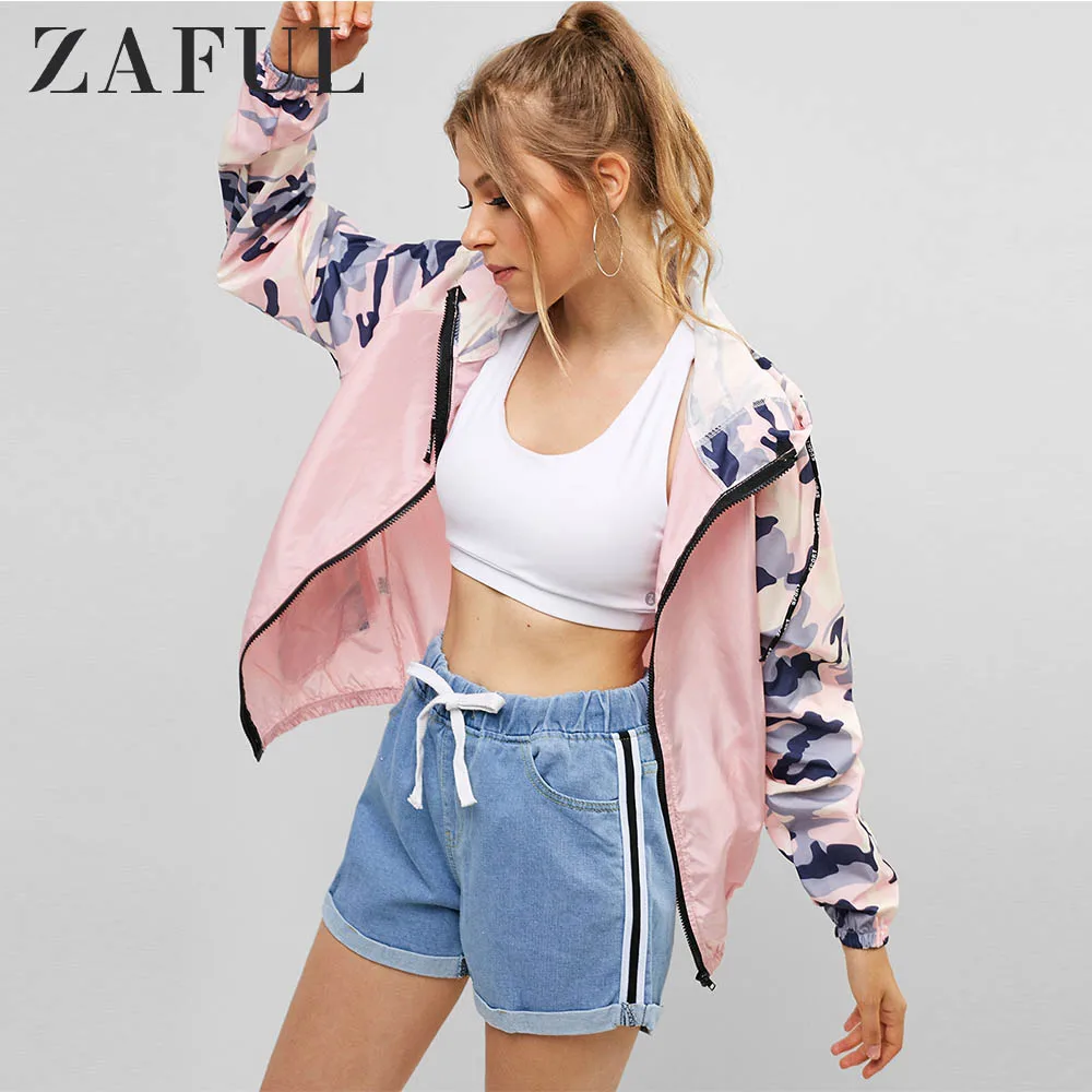 

ZAFUL Zip Up Camo Color Block Jacket Women Shirt Windbreaker Thin Top Camouflage Coat Hooded Sweatshirt Outdoor Elegant Jacket