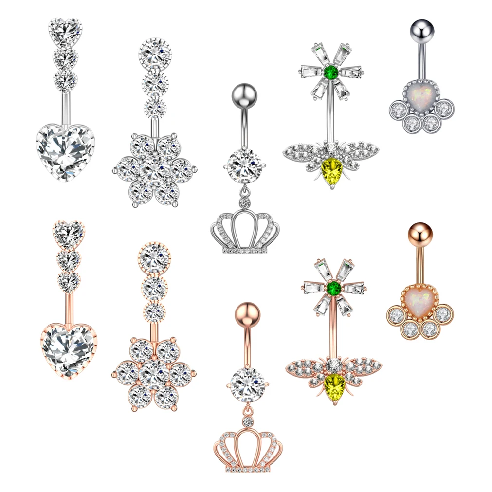 1PC Zircon Belly Piercing Bar Button Rings Rose Gold Silver Color Surgical Steel Navel Earrings Sexy Piercings Jewelry 14G | Украшения и