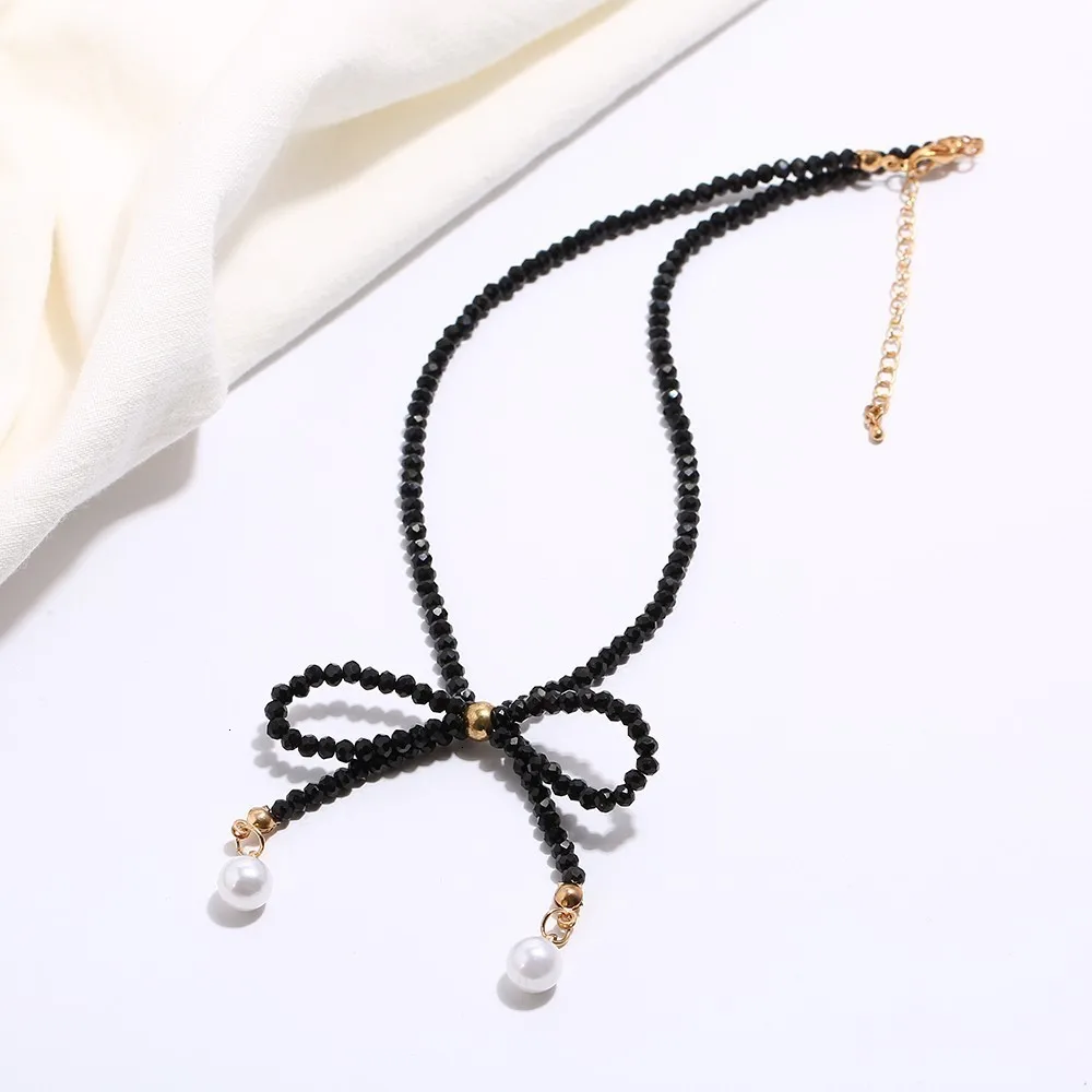 Модные ожерелья и кулоны для женщин Collier Femme, Винтажное колье с бантом и черным бисером для женщин, Жемчужное ювелирное изделие, подарок