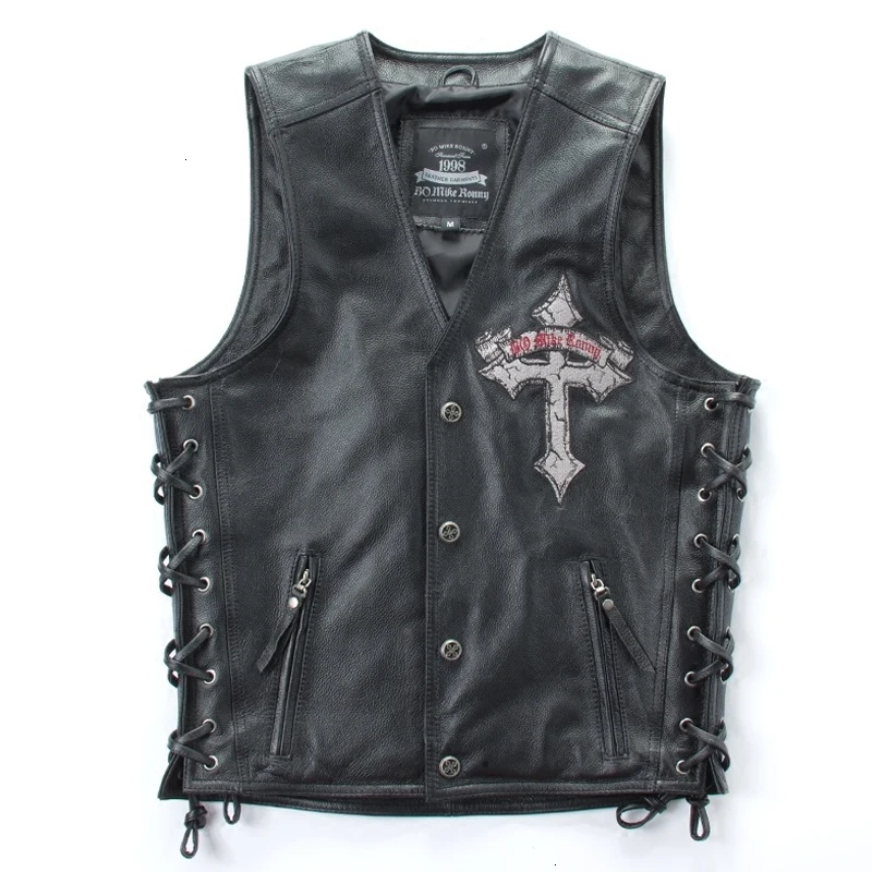 

2020 Men's Black Skull Cross Embroidery Vests Genuine Leather Slim Fit Soft Cowhide Biker Vest Vintage Designer Coats Plus Size