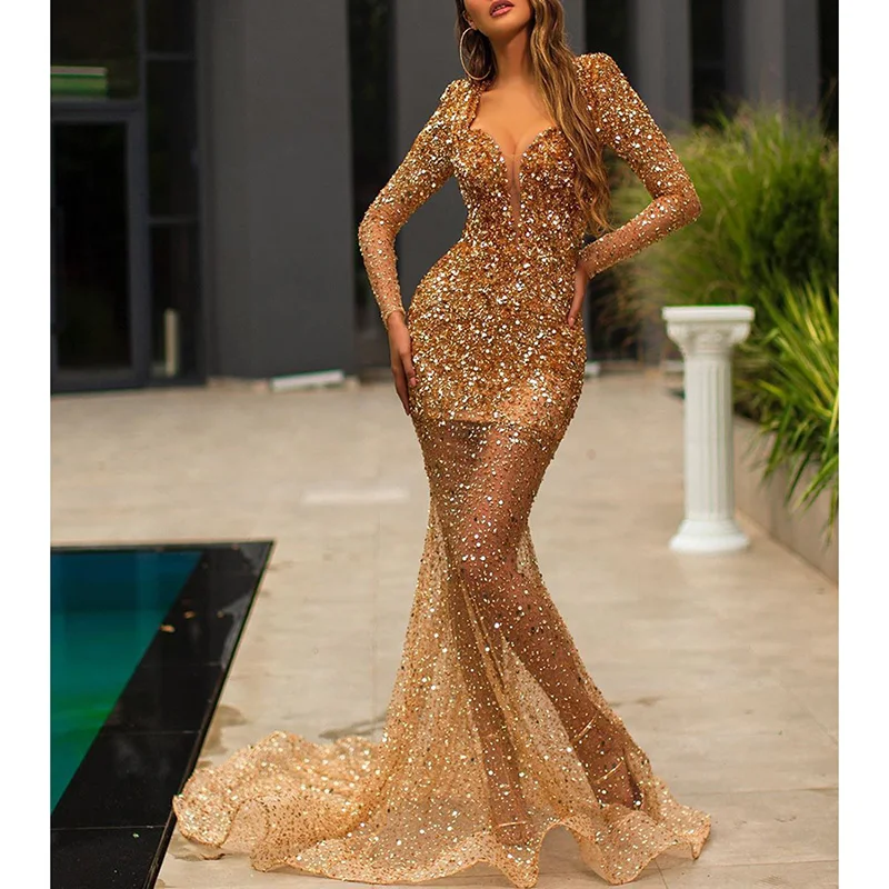 

Ordifree 2020 Summer Women Maxi Mermaid Dress Long Sleeve Floor Length See Through Evening Mesh Gold Sequin Long Dress