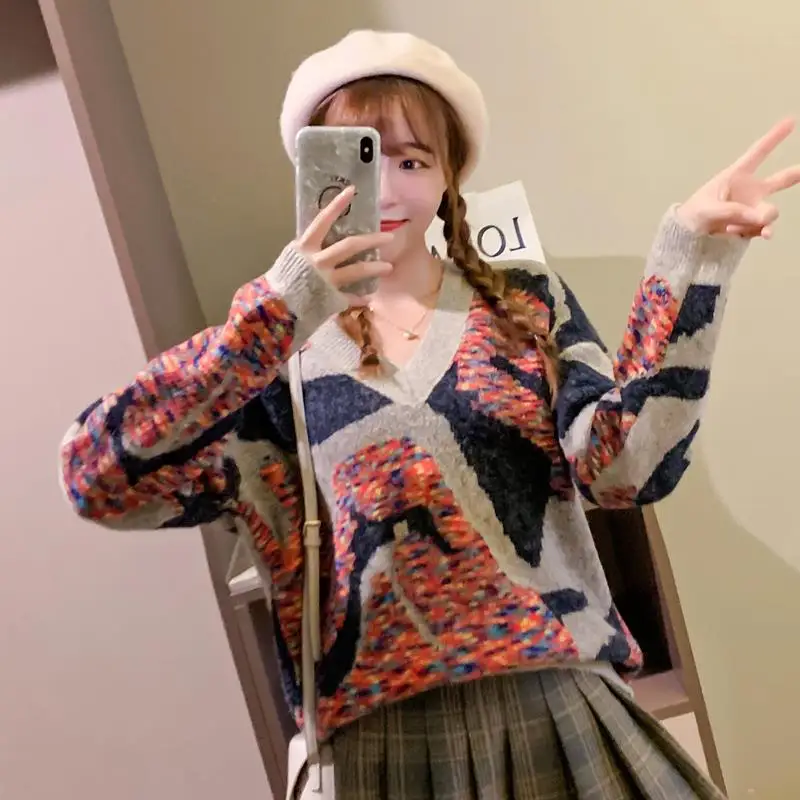 Najtaniej Netto czerwony sweter nadruk retro super bajkowe top sweter żeński sweter V neck długa koszula zachodnia jesień i zima koreański v