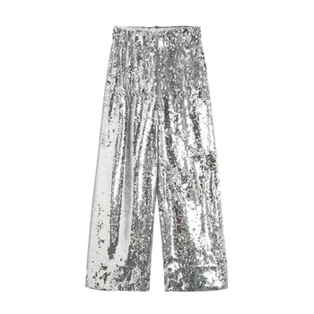 

Silver Sequins Ankle Length Pants Autumn Women's Fashion Elastic High Waist Versatile Straight Loose Bling Wide Leg Pants Lady
