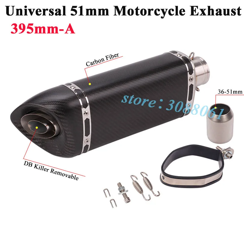Универсальный 51 мм мотоцикл Akrapovic выхлопной Escape модифицированный мото углеродного волокна глушитель дБ убийца Yoshimura для Ninja400 R15 cb400 - Цвет: 395mm-A