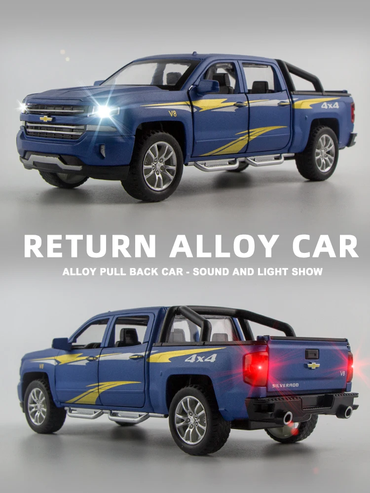 Ограниченная Chevrolet Silverado 4x4 1:32 модель автомобиля Diecasts игрушечный автомобиль звуковой светильник оттягивающий назад детские игрушки автомобиль Рождество