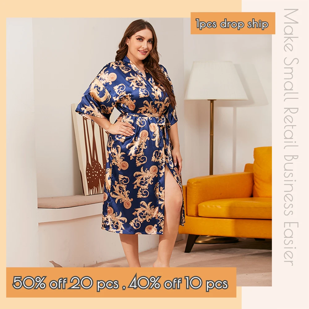 Plus Size Solid Satin Belted Robe Wholesale Women Silk Sleepwear SexyNighty Gown CT Market | Женская одежда