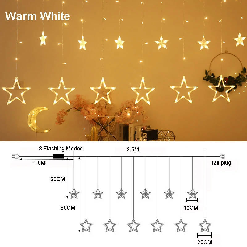 style3 warm white 220 В, евро вилка, Мерцающая луна, звезда, лось, рождественские гирлянды, светодиодный, подвесные гирлянды, новогодняя, Рождественская елка, вечерние, декоративные огни - Цвет: style3 warm white