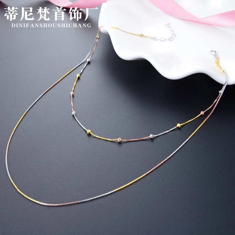 

Korean-style Fashion Jewelry Accessories S925 Fine Silver Creative Simple Box Aberdeen Bag Machete Beads Double Layer Necklace C