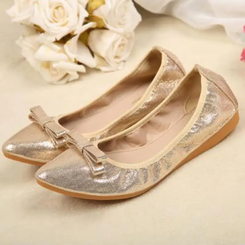 

34~43 Plus Size Gold Silver Bow Ballet Flats Slip on Loafers Women Pointed Toe Ballerina Shoes Woman Breathable Comfortable Shoe