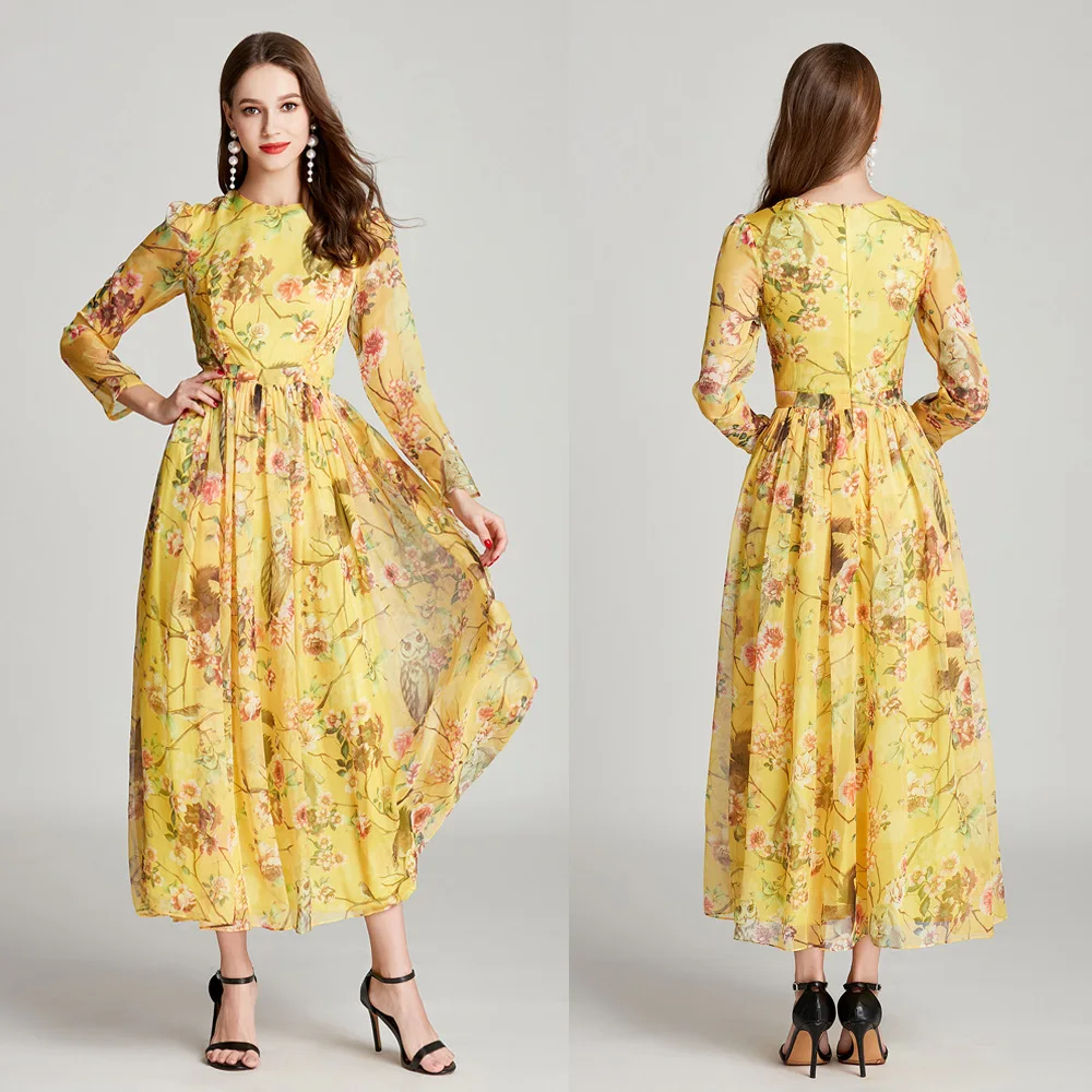 

Ck776 Spring New Style Printed Chiffon Owl Evening Gown Mid-length Annual General Meeting Long Sleeve Ball
