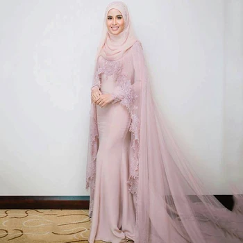 

Elegant Muslim Evening Dresses Mermaid Long Sleeves Appliques Scarf Islamic Dubai Saudi Arabia Long Formal Evening Gown Prom