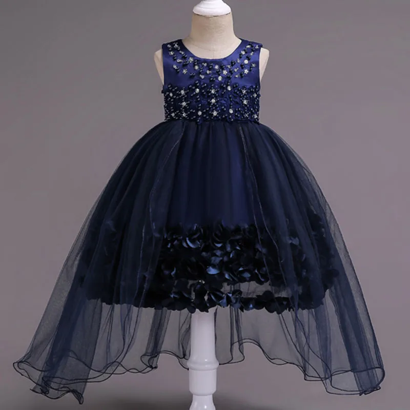 Dark blue Элегантное свадебное платье с лепестками жемчуга для девочек праздничное платье принцессы из тюля с кружевом для детей 3, 4, 5, 6, 7, 8, 9, 10, 11, 12 лет - Цвет: Dark blue