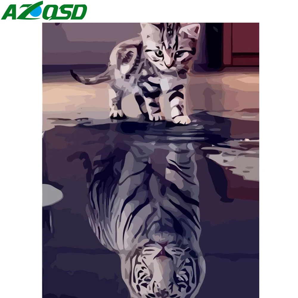 AZQSD DIY Unframe краска по номерам животных на холсте акриловая окраска кошка к тигру