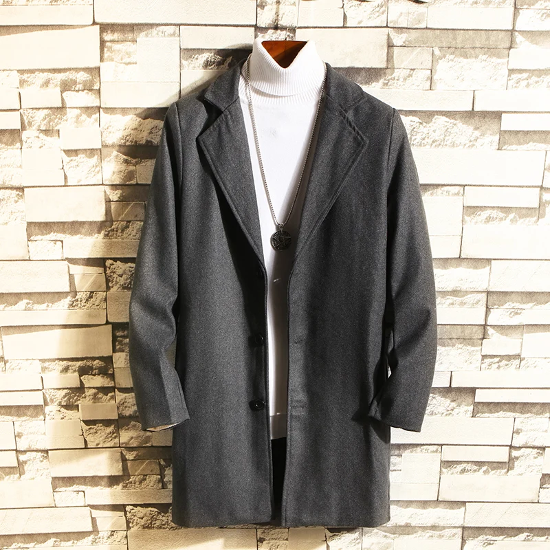 2020 Autumn Winter New Woolen Coat Men Windbreakers Classical Solid Middle length Blends Trench Overcoat Suit Collar Slim Fit