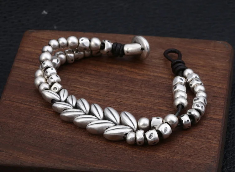 S925 pure silver jewelry 3d hard silver handmade braided wheat pattern creative leather bracelet men and women fashion bracelet