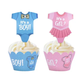 

24 Sets Boy or Girl Cupcake Toppers and Wrappers Baby Shower Cake Decor Gender Reveal Party Photo Props Dessert Table Decoration