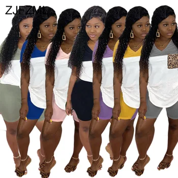 

Color Block Patchwork Two Piece Set Summer Clothes For Women Leopard Print Short Sleeve T Shirt And Biker Shorts Matching Suits
