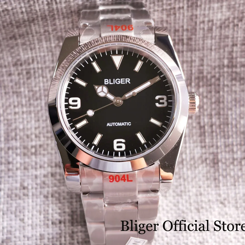 BLIGER 36mm Polished Automatic Men Watch Brushed Oyster Bracelet NH35A MIYOTA 8215 Movement Sapphire Crystal Green Luminous Dial