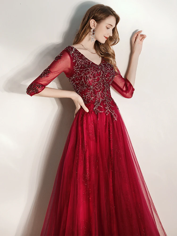 SSYFashion зимние вечерние платья для женщин Элегантный цвета красного вина Половина рукава v-образным вырезом блестками вечерние платья с бисером Vestidos De Noche