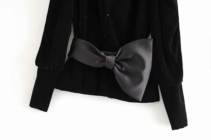 Элегантная женская блузка, Бархатный жакет, галстук-бабочка, декорированный поясом, длинный рукав, сексуальный v-образный вырез, топы для женщин, тонкая офисная одежда, женские топы