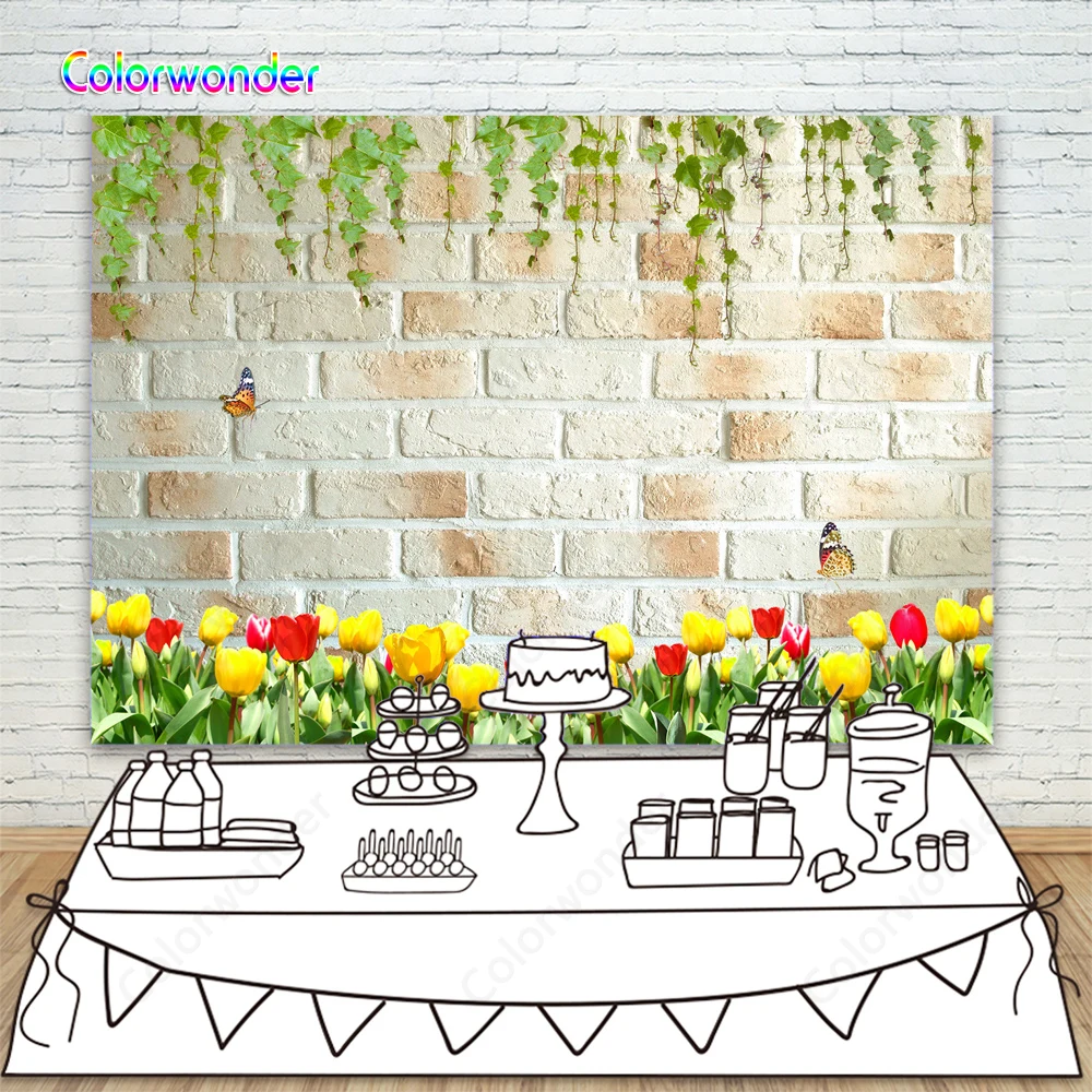 Vintage Brick Wall Backgrounds for Fotral Photography Green Leaves Yellow  and Red Tulip Flowers Backdrops for Wedding Party Prop