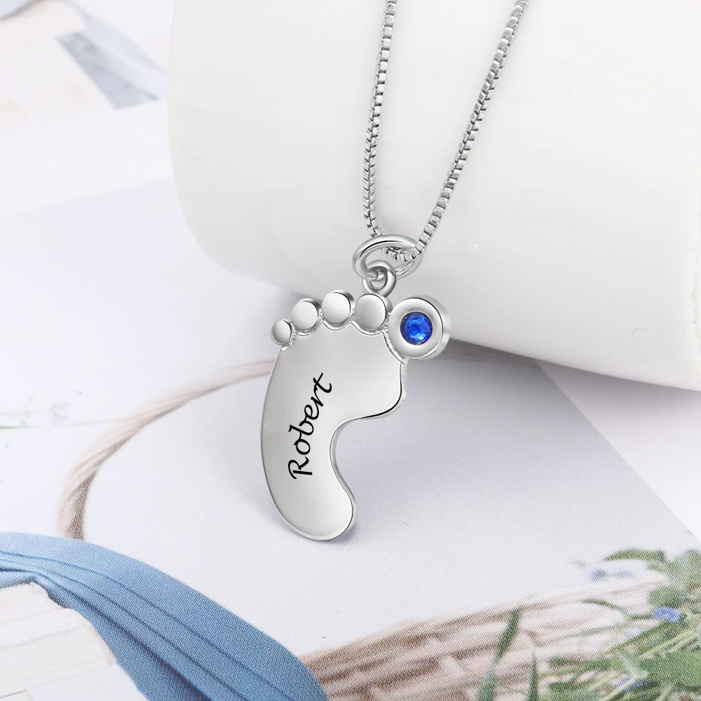 Personalized 925 Sterling Silver Baby Feet Pendant Necklace with Birthstone Custom Engraved Name
