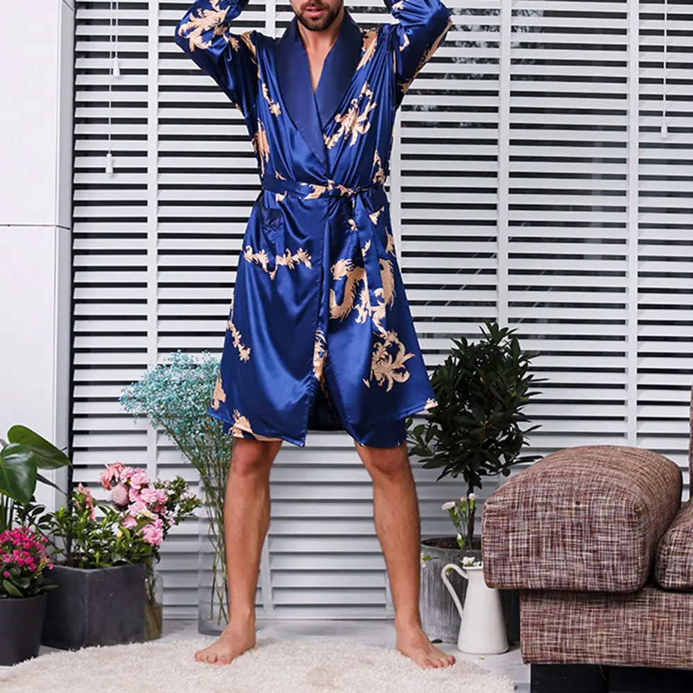 mens pajama pants Spring Summer Thin Mens Pajamas Stripe Long Sleeves Pyjamas Night Robe Dressing Gown Male Silk Satin Kimono Bathrobe Sleepwear silk sleepwear