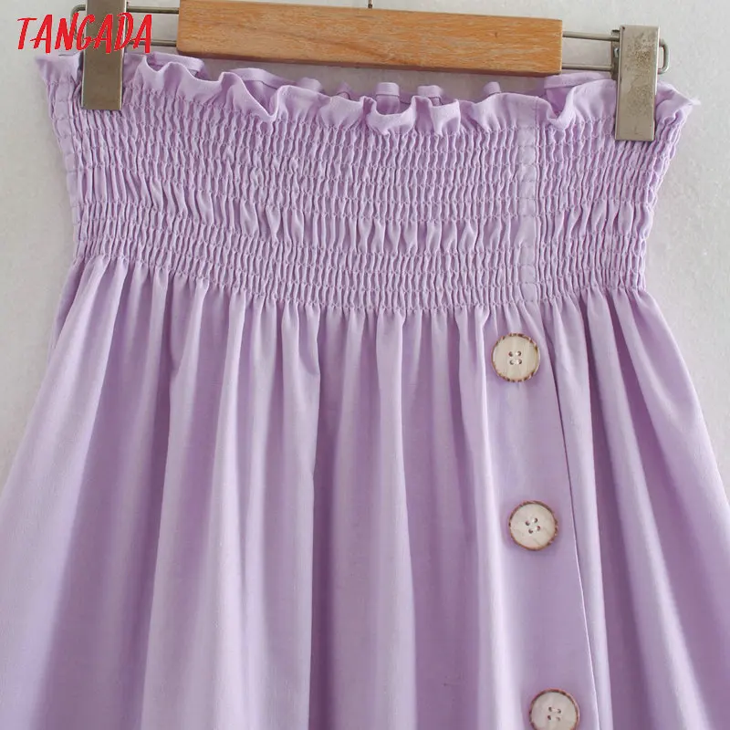 Tangada women lavender high waist midi skirt button decorate vintage office ladies elegant chic mid calf skirts 2XN65