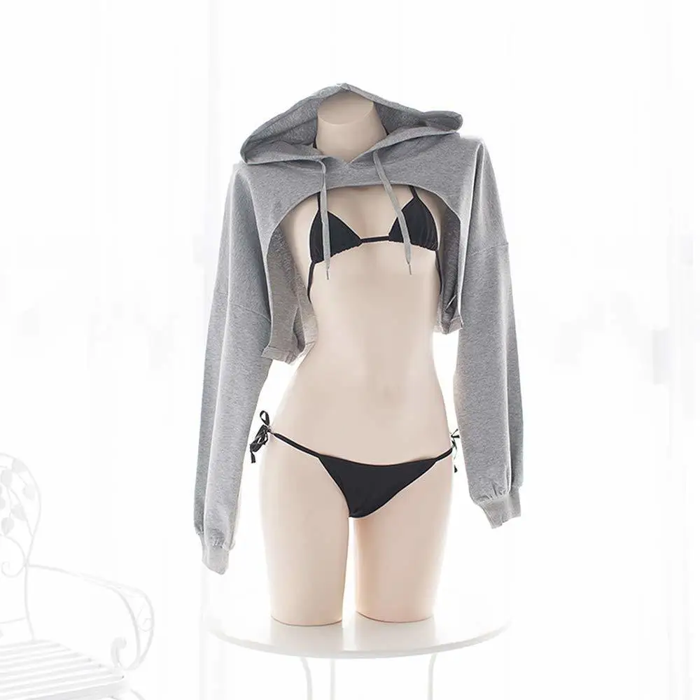 Сексуальная Аниме Бикини для косплея с короткими рукавами Толстовка для девочек Японский милый костюм кошки белье серый