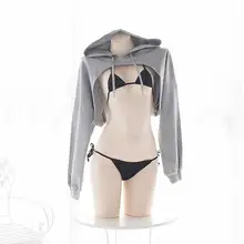 Сексуальная Аниме Бикини для косплея с короткими рукавами Толстовка для девочек Японский милый костюм кошки белье серый