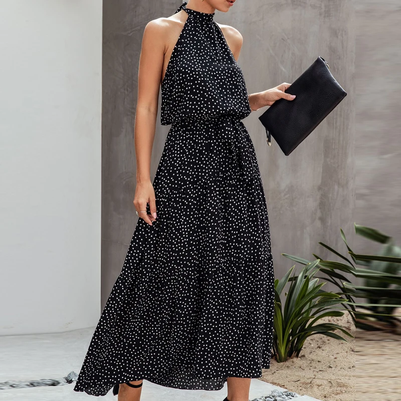 Модное платье в горошек Boho, хлопковое платье для женщин, лето, на шнуровке, Холтер, вечерние, макси платье, сексуальное, с открытой спиной, Асимметричный Сарафан