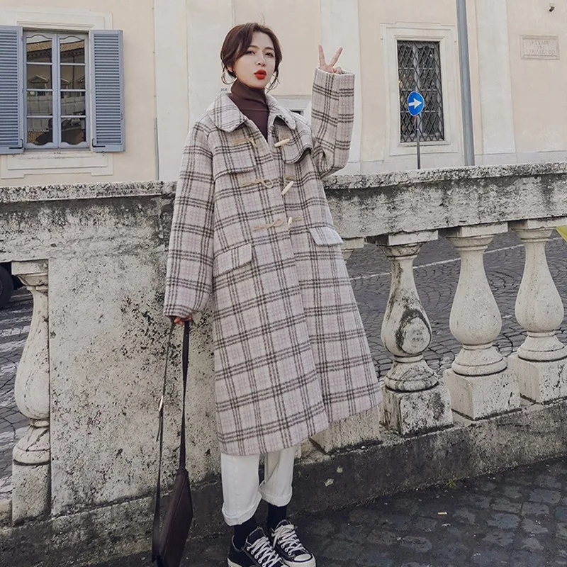 

Photo Shoot Oversize Wales Retro Rice Flour Pattern Overcoat Mid-length Fold-down Collar Toggle Woolen Jacket Women's