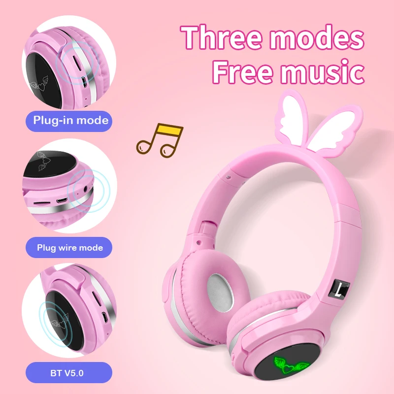 Cute Pink Angel Kids Bluetooth 5 0 Headset LED Headphones support SD Card Audio Cable Headphone for Boy Girl Children Headphones