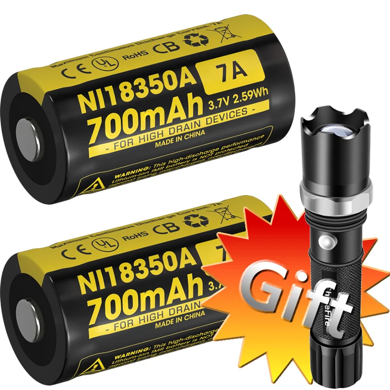 

Wholesale NITECORE 2 Pieces IMR18350 Rechargeable Li-ion Battery + Gift Flashlight 700mAh 18350 High Drain Devices torch